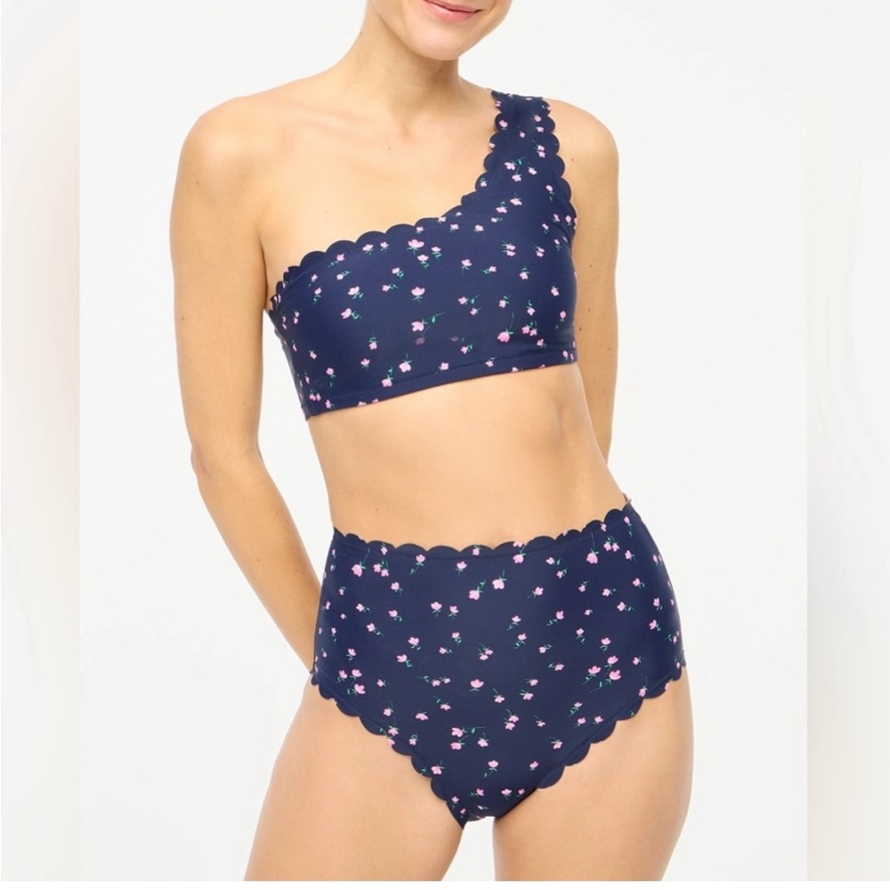 J. Crew Navy One-Shoulder Floral Scalloped Bikini Set
